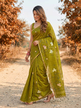 MIMOSA Olive Banarasi Art Silk Saree — pallu and body detail