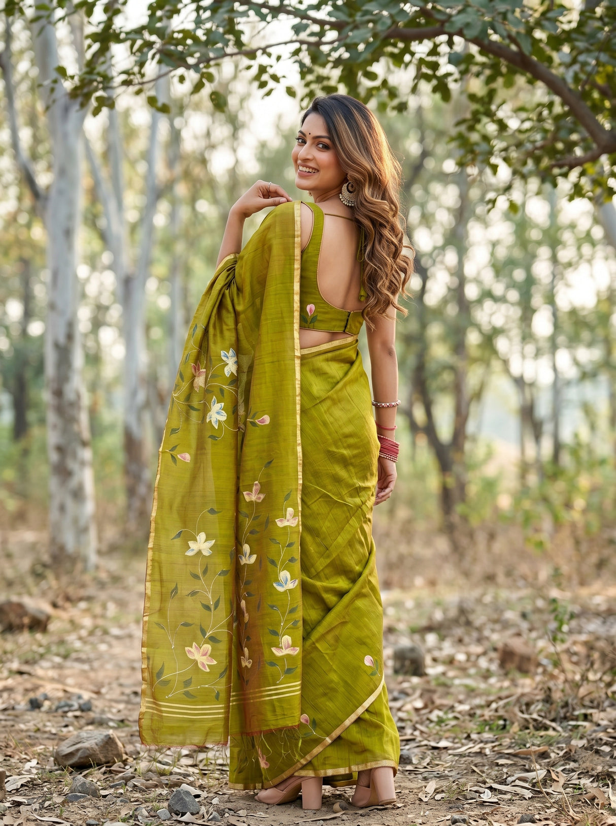 MIMOSA Olive Banarasi Art Silk Saree — model feet and drape