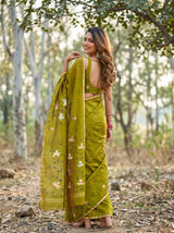 MIMOSA Olive Banarasi Art Silk Saree — model feet and drape
