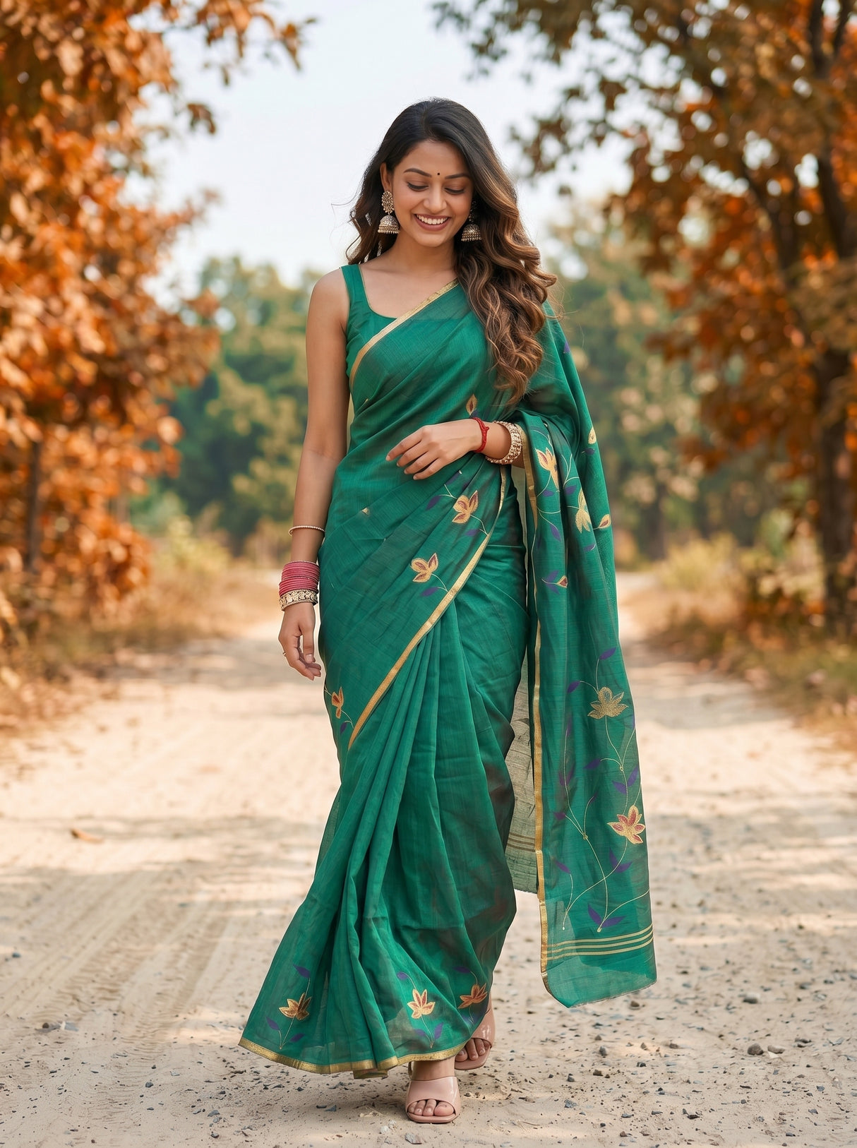 MIMOSA Rama Banarasi Art Silk Saree — model feet and drape