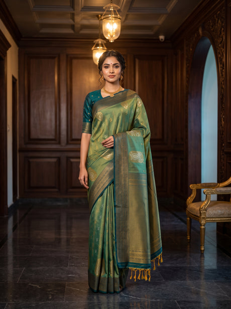 MIMOSA Green Kanjivaram Art Silk Saree — AI Model lifestyle pose