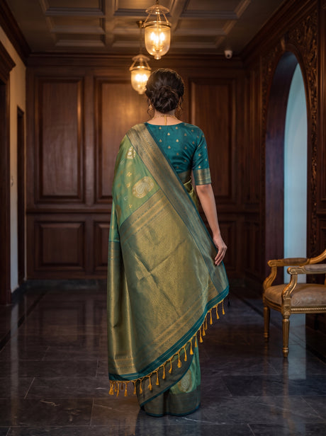 MIMOSA Green Kanjivaram Art Silk Saree — pallu and body details