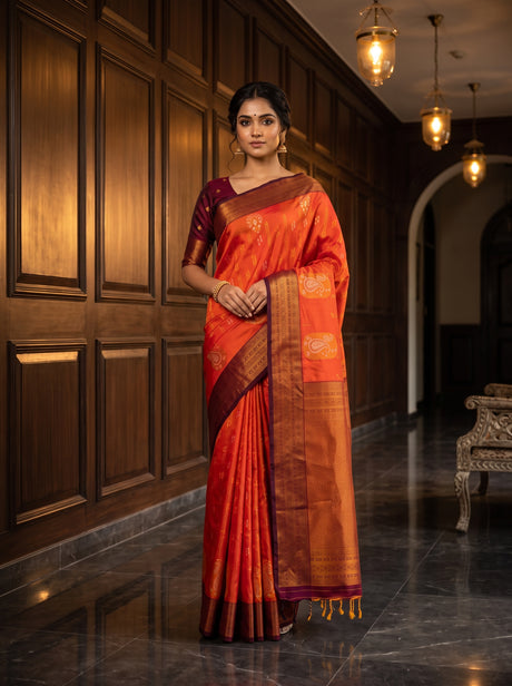 MIMOSA Mustard Kanjivaram Art Silk Saree — AI Model lifestyle pose