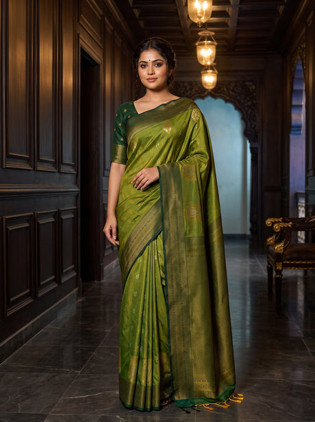 MIMOSA Olive Kanjivaram Art Silk Saree — AI Model lifestyle pose