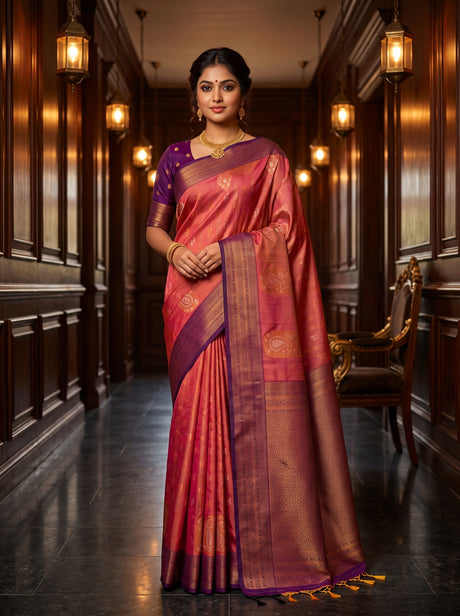 MIMOSA Peach Kanjivaram Art Silk Saree — AI Model lifestyle pose