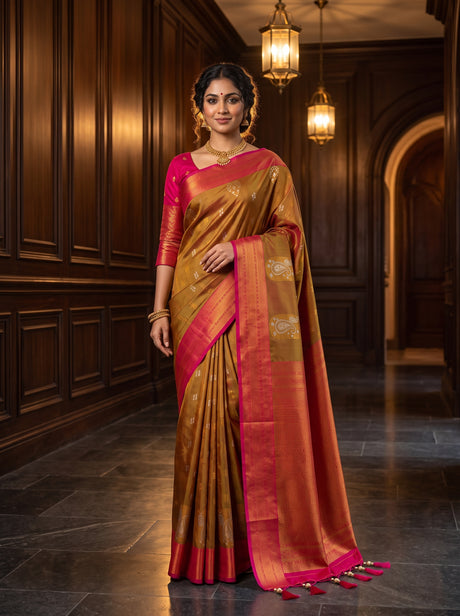 MIMOSA Rust Kanjivaram Art Silk Saree — AI Model lifestyle pose