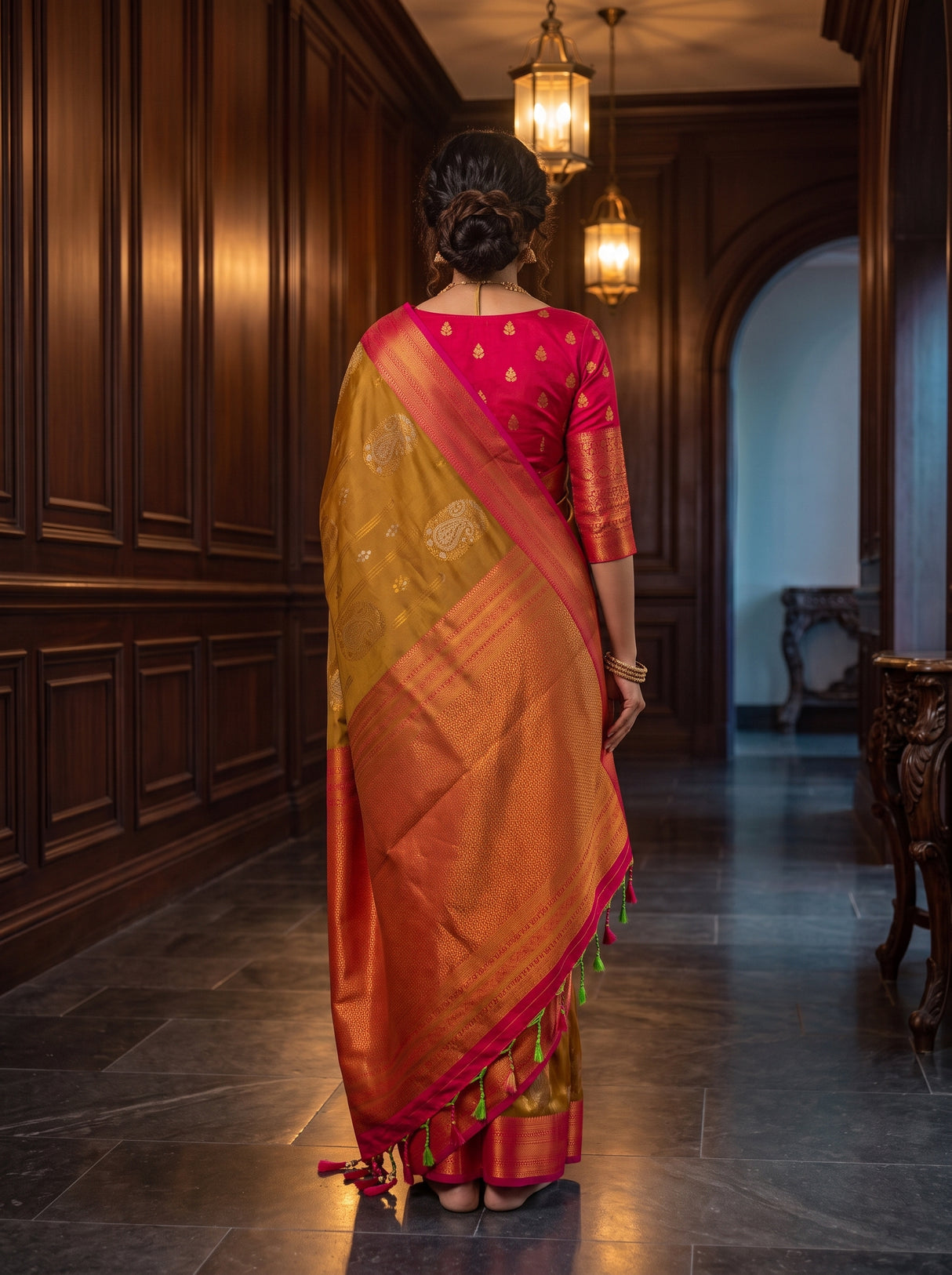 MIMOSA Rust Kanjivaram Art Silk Saree — pallu and body details