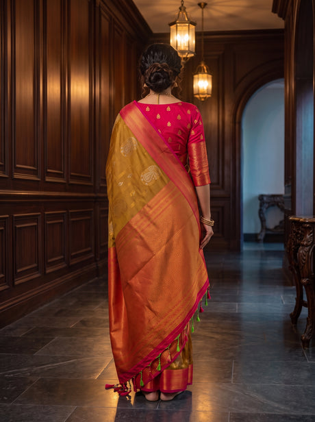 MIMOSA Rust Kanjivaram Art Silk Saree — pallu and body details
