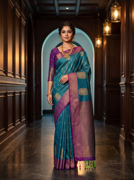 MIMOSA Sapphire Kanjivaram Art Silk Saree — AI Model lifestyle pose