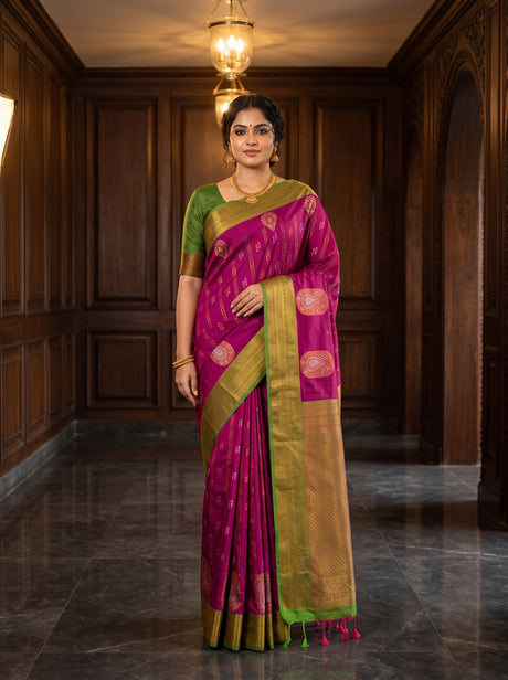 MIMOSA Wine Kanjivaram Art Silk Saree — AI Model lifestyle pose