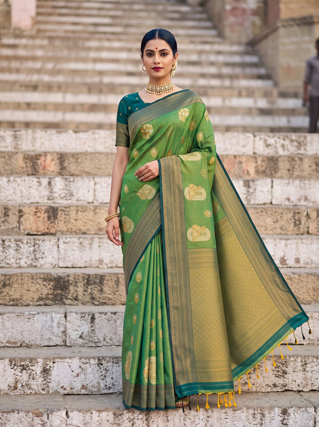 MIMOSA Green Kanjivaram Art Silk Saree — front view on mannequin