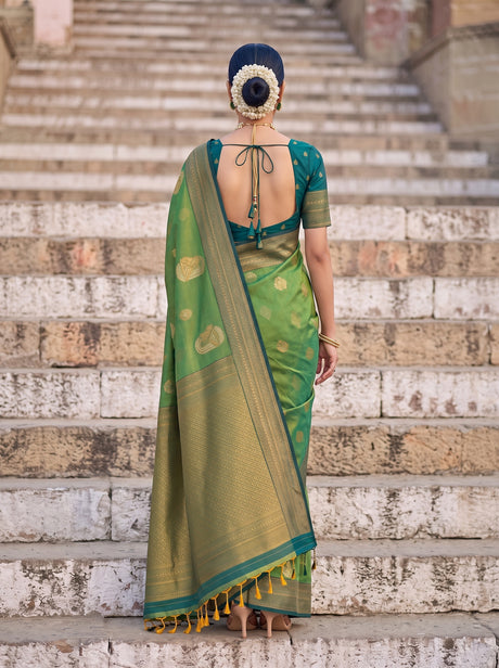 MIMOSA Green Kanjivaram Art Silk Saree — pose 2 styling detail