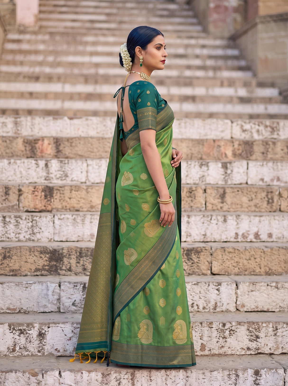 MIMOSA Green Kanjivaram Art Silk Saree — pose 3 styling detail