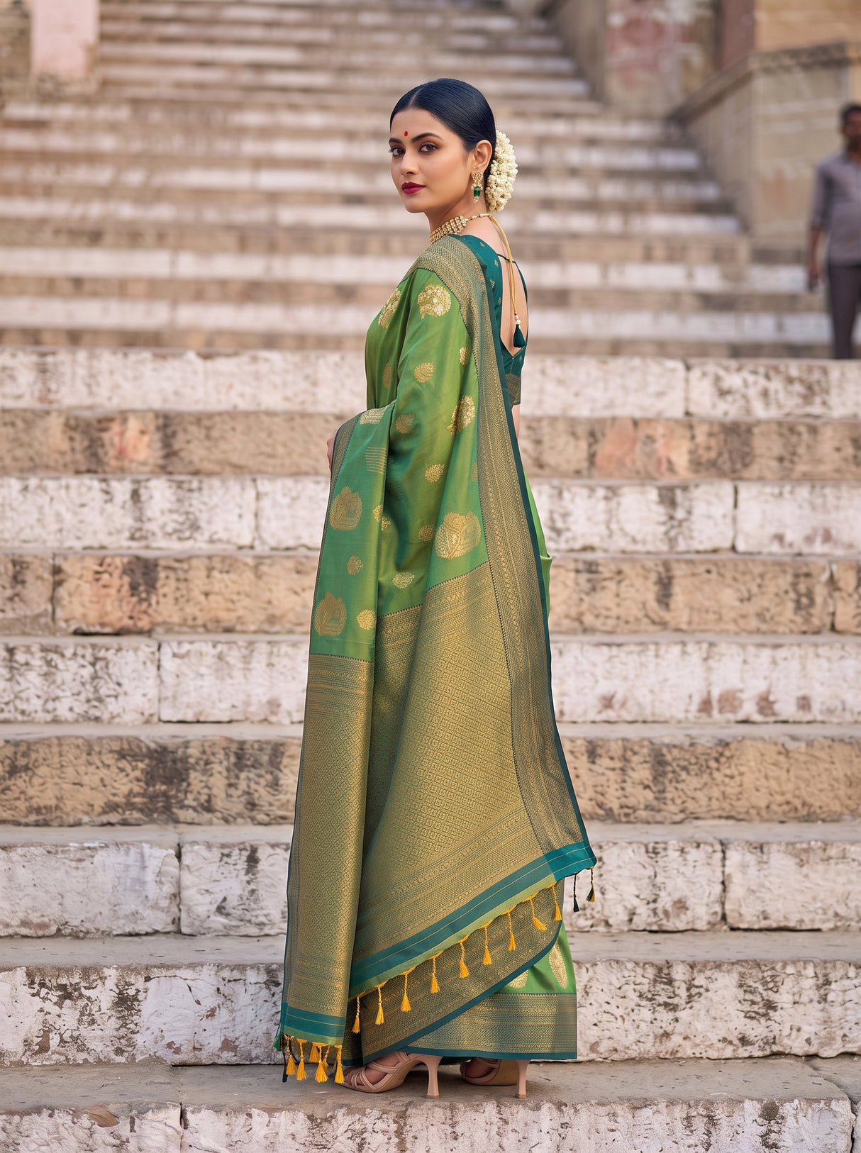 MIMOSA Green Kanjivaram Art Silk Saree — pose 5 styling detail