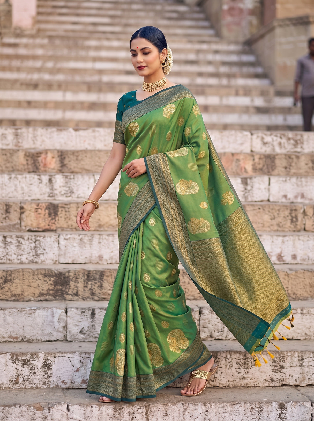 MIMOSA Green Kanjivaram Art Silk Saree — pose 6 styling detail