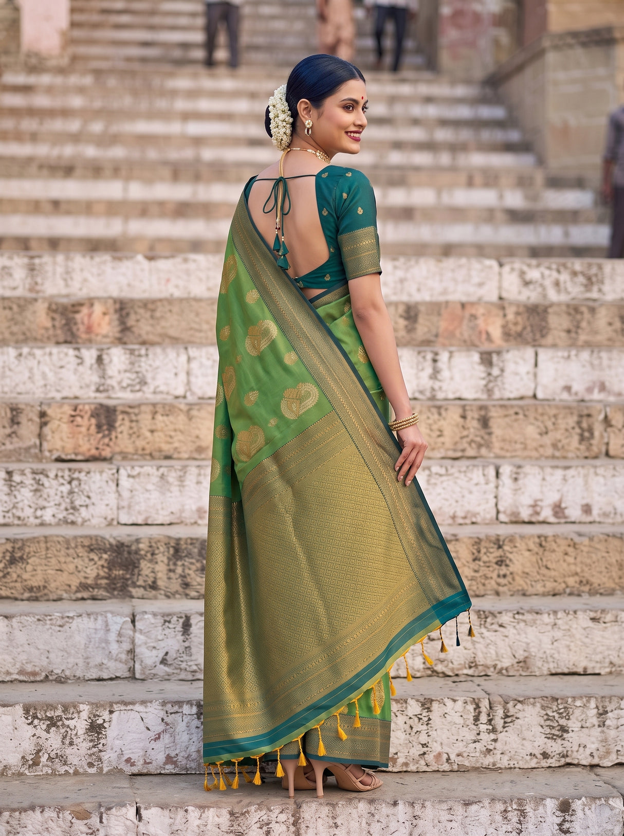 MIMOSA Green Kanjivaram Art Silk Saree — pose 7 styling detail
