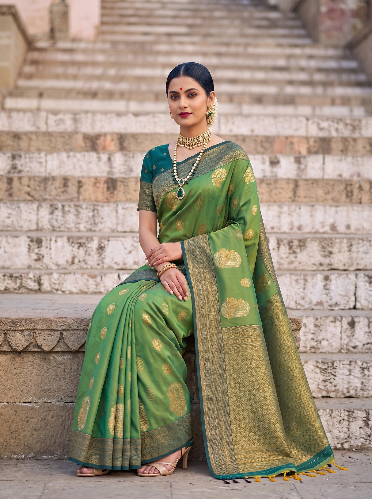 MIMOSA Green Kanjivaram Art Silk Saree — pose 8 styling detail