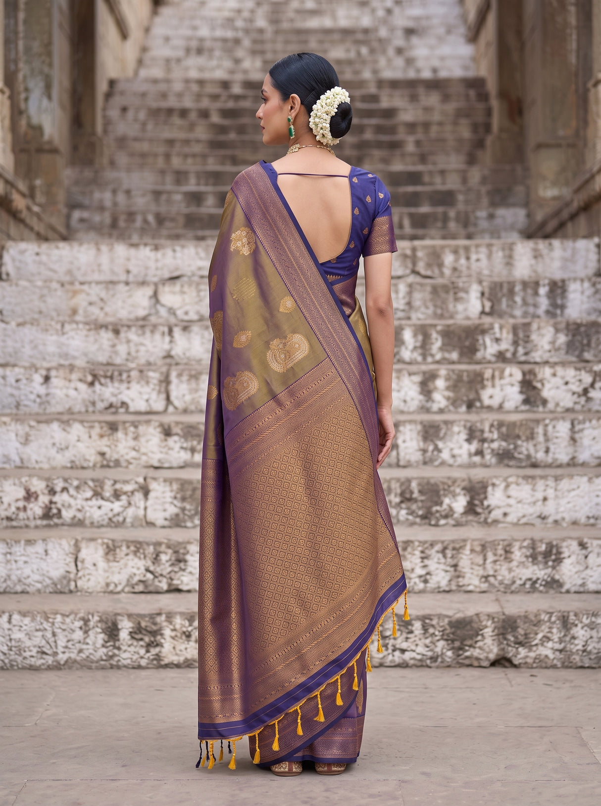 MIMOSA Grey Kanjivaram Art Silk Saree — pose 2 styling detail