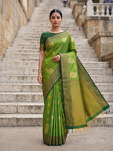 MIMOSA Olive Kanjivaram Art Silk Saree — front view on mannequin