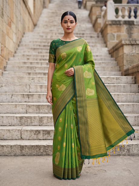 MIMOSA Olive Kanjivaram Art Silk Saree — front view on mannequin