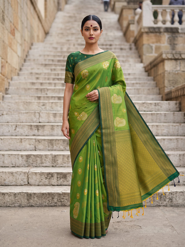 MIMOSA Olive Kanjivaram Art Silk Saree — front view on mannequin