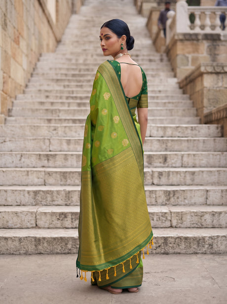 MIMOSA Olive Kanjivaram Art Silk Saree — pose 2 styling detail