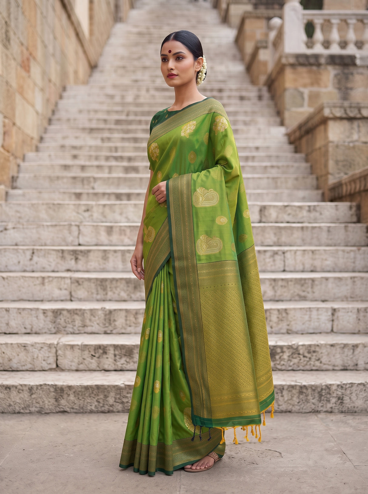 MIMOSA Olive Kanjivaram Art Silk Saree — pose 4 styling detail