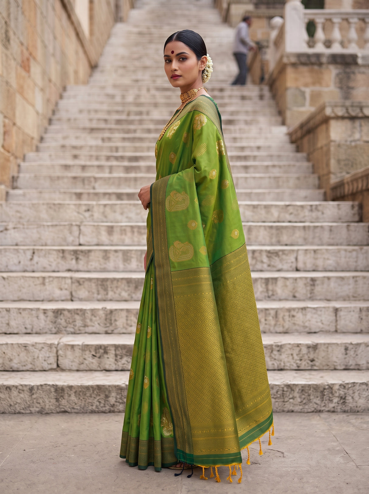 MIMOSA Olive Kanjivaram Art Silk Saree — pose 9 styling detail