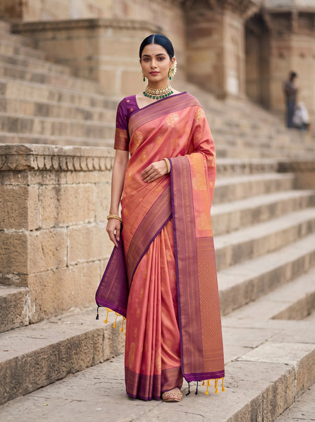 MIMOSA Peach Kanjivaram Art Silk Saree — front view on mannequin