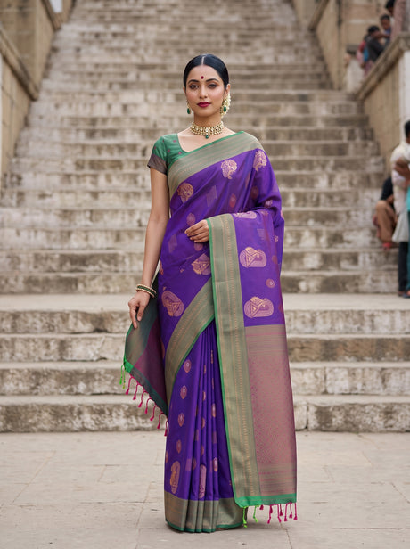 MIMOSA Purple Kanjivaram Art Silk Saree — front view on mannequin