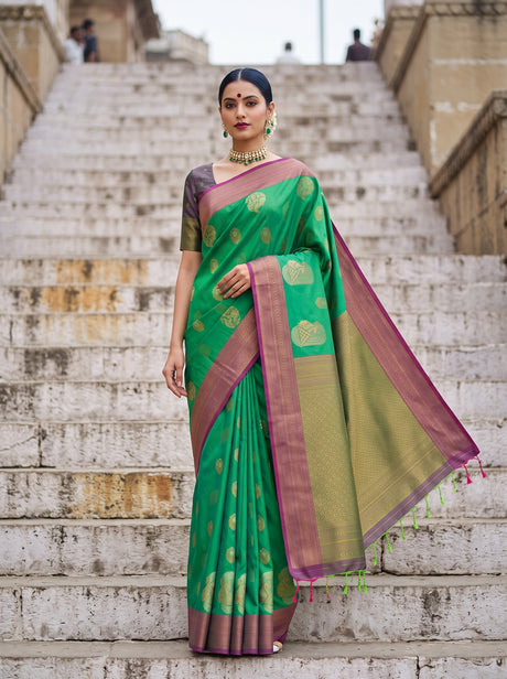 MIMOSA Rama Kanjivaram Art Silk Saree — front view on mannequin
