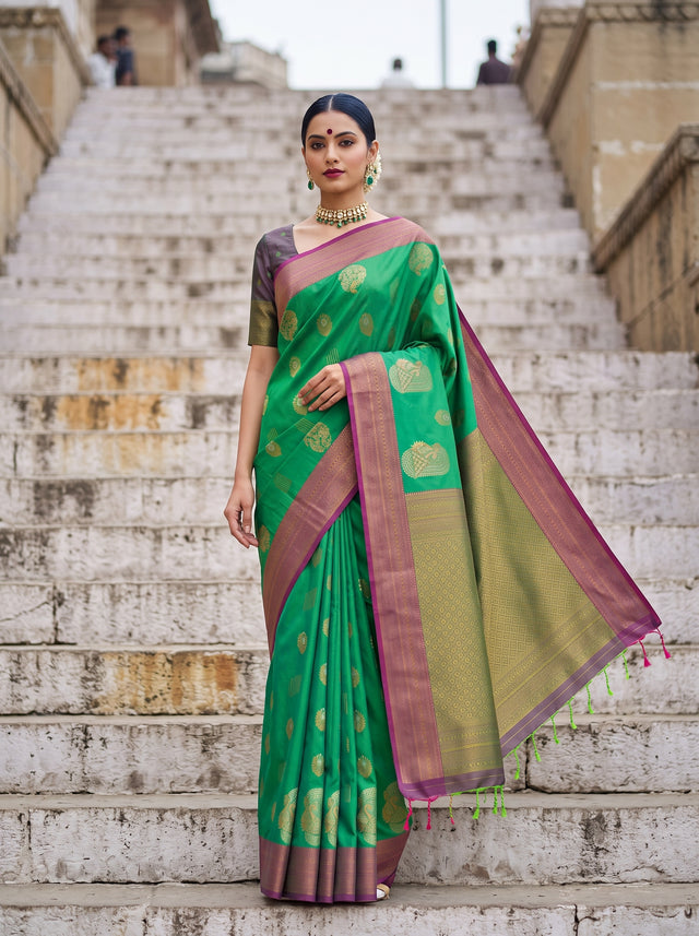 MIMOSA Rama Kanjivaram Art Silk Saree — front view on mannequin
