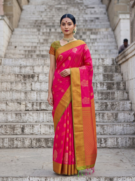 MIMOSA Rani Kanjivaram Art Silk Saree — front view on mannequin