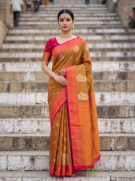 MIMOSA Rust Kanjivaram Art Silk Saree — front view on mannequin