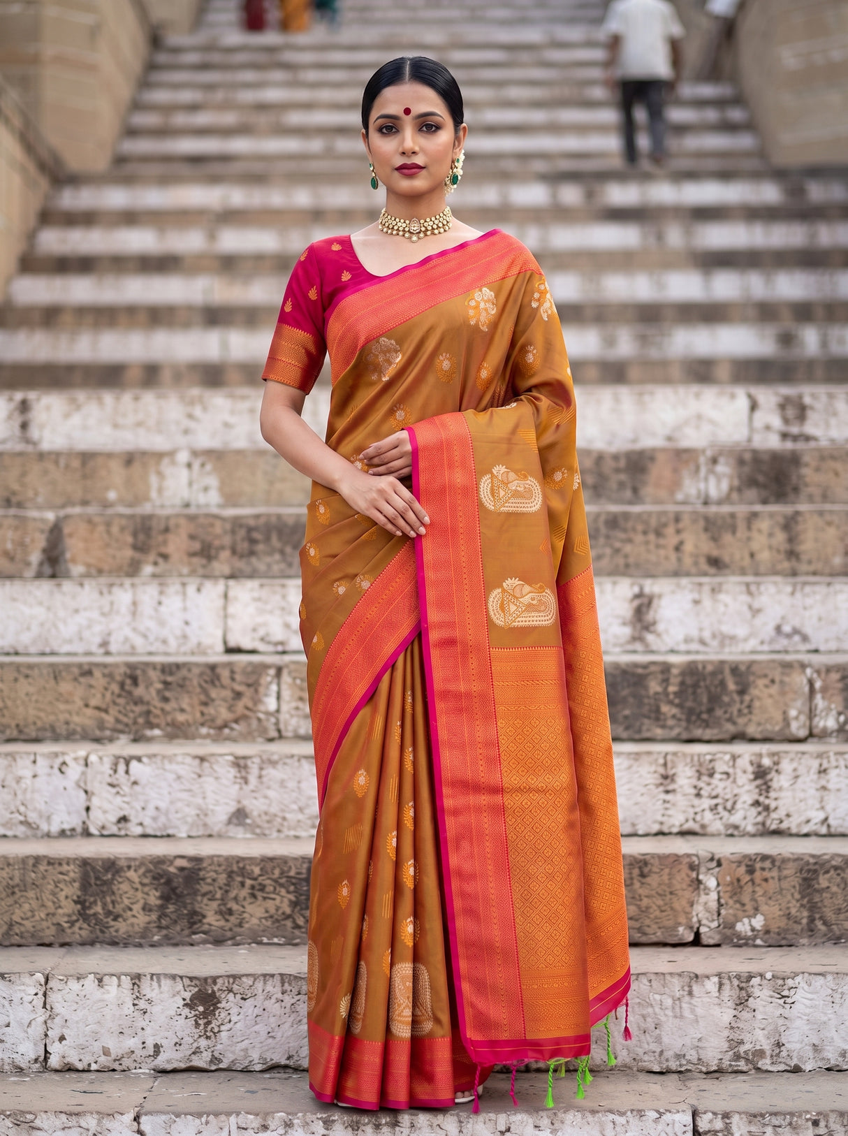 MIMOSA Rust Kanjivaram Art Silk Saree — pose 10 styling detail