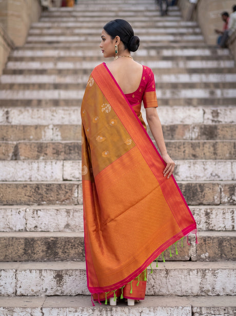 MIMOSA Rust Kanjivaram Art Silk Saree — pose 2 styling detail