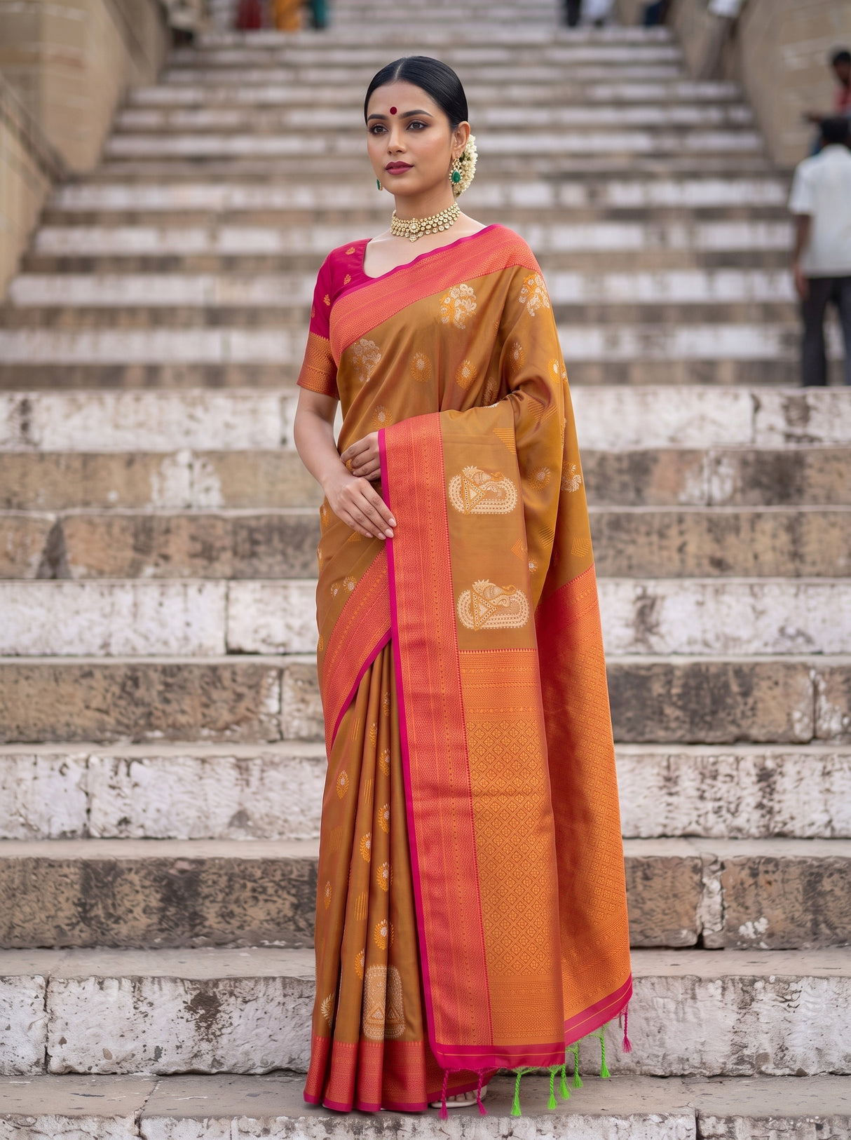 MIMOSA Rust Kanjivaram Art Silk Saree — pose 4 styling detail