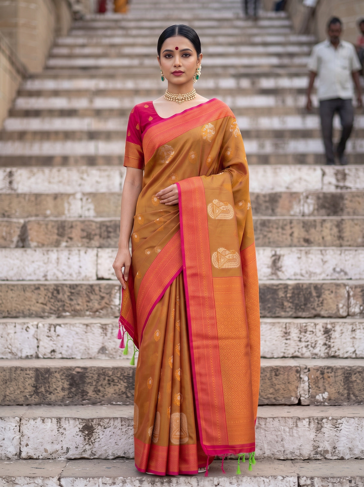 MIMOSA Rust Kanjivaram Art Silk Saree — pose 9 styling detail