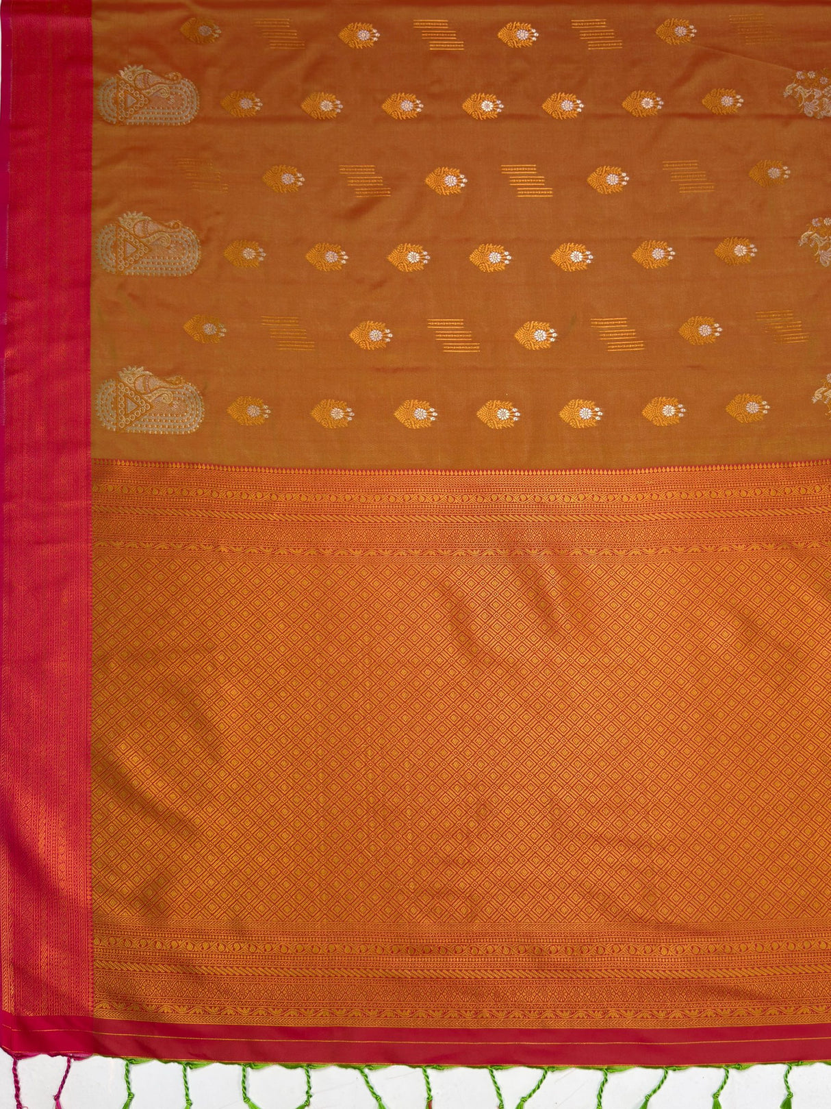 MIMOSA Rust Kanjivaram Art Silk Saree — pallu and zari work detail