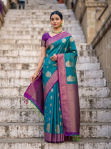 MIMOSA Sapphire Kanjivaram Art Silk Saree — front view on mannequin