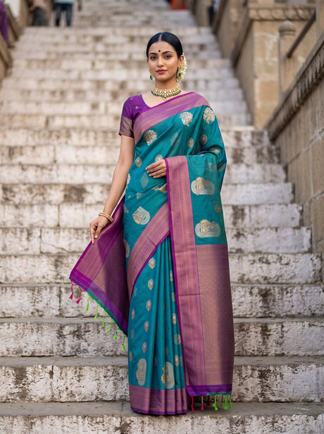 MIMOSA Sapphire Kanjivaram Art Silk Saree — front view on mannequin
