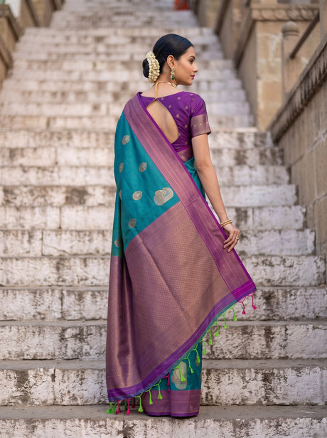 MIMOSA Sapphire Kanjivaram Art Silk Saree — pose 2 styling detail
