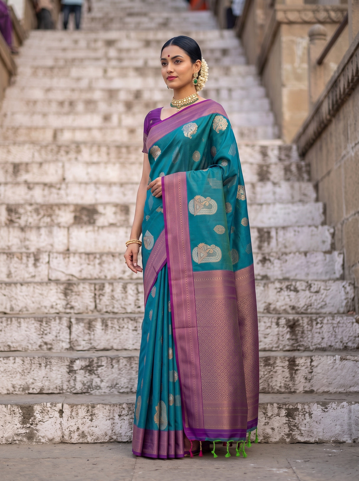 MIMOSA Sapphire Kanjivaram Art Silk Saree — pose 4 styling detail