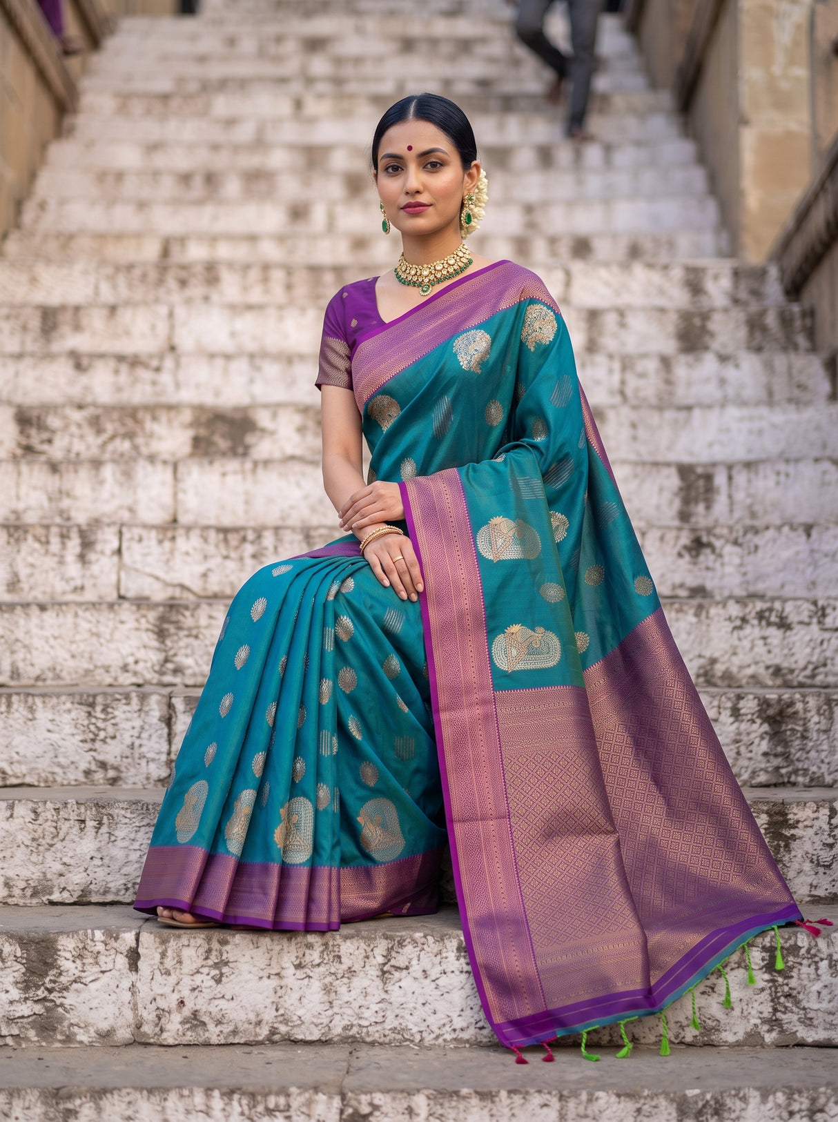 MIMOSA Sapphire Kanjivaram Art Silk Saree — pose 8 styling detail