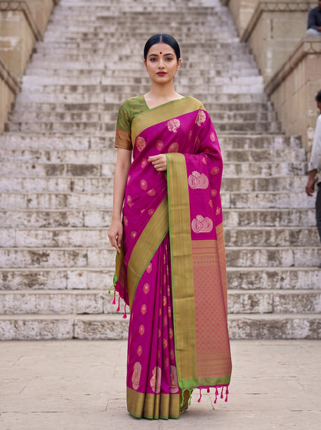 MIMOSA Wine Kanjivaram Art Silk Saree — front view on mannequin