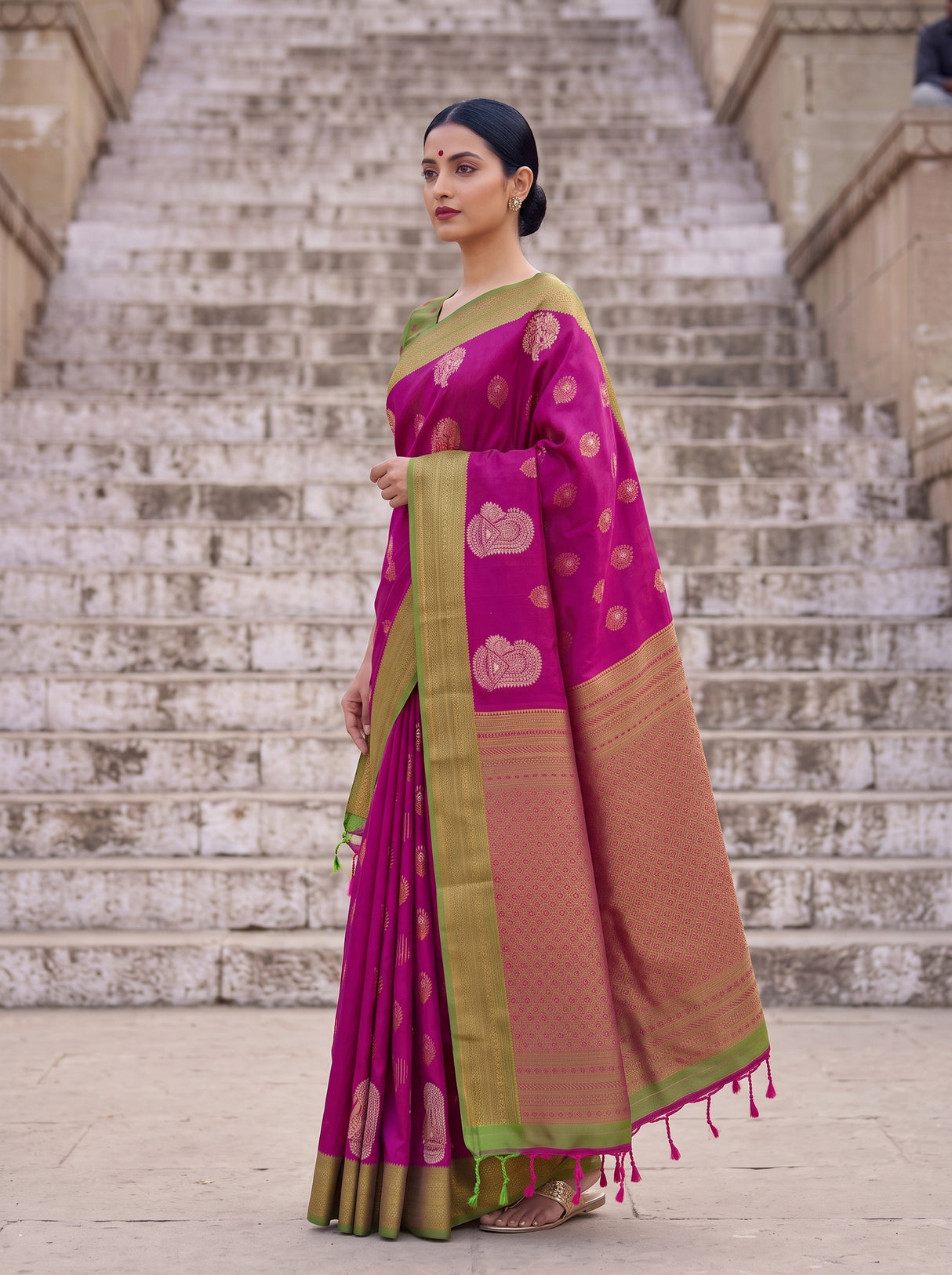 MIMOSA Wine Kanjivaram Art Silk Saree — pose 5 styling detail