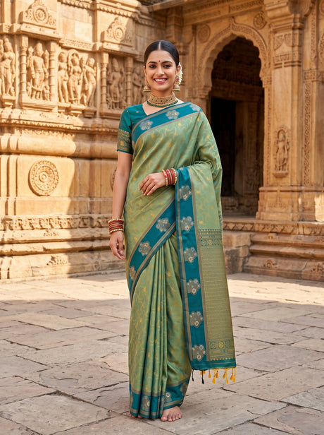 MIMOSA Green Saree Saree — front view on mannequin