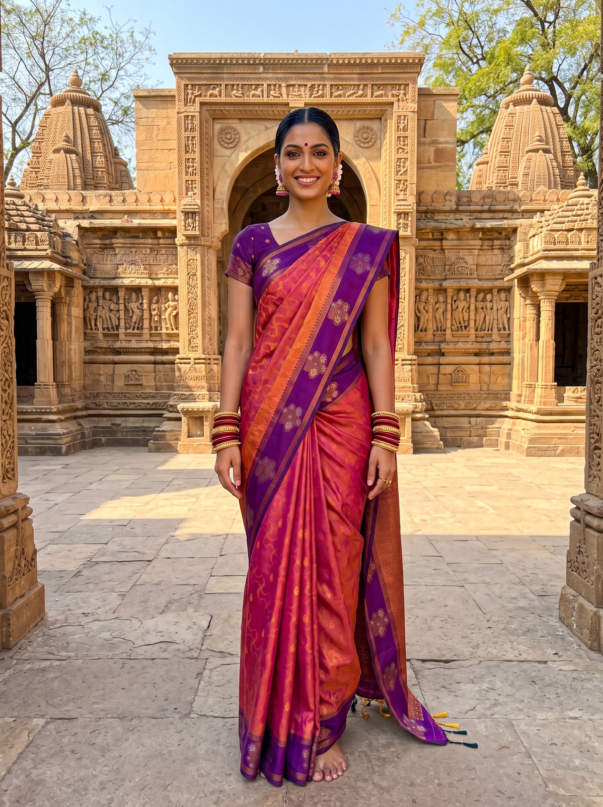 MIMOSA Peach Saree Saree — front view on mannequin