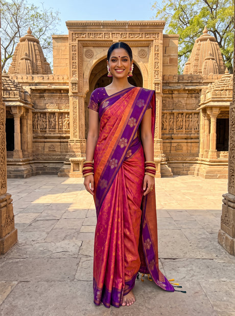MIMOSA Peach Saree Saree — front view on mannequin