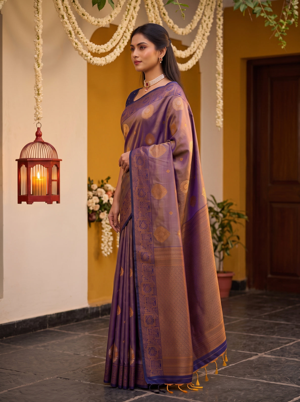 MIMOSA Grey Kanjivaram Art Silk Saree — AI Model lifestyle pose